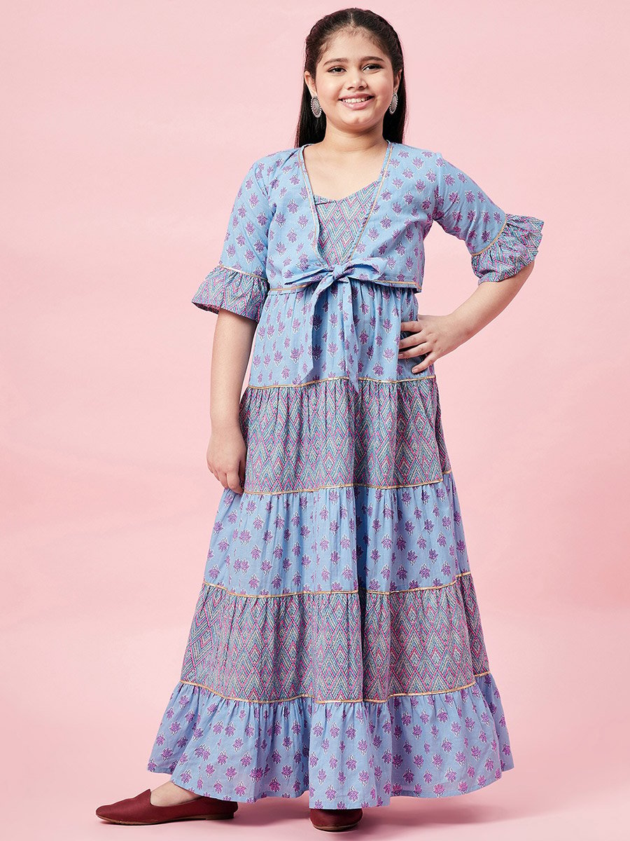 All Over Printed Tiered Dress with Tie-Up Detail
