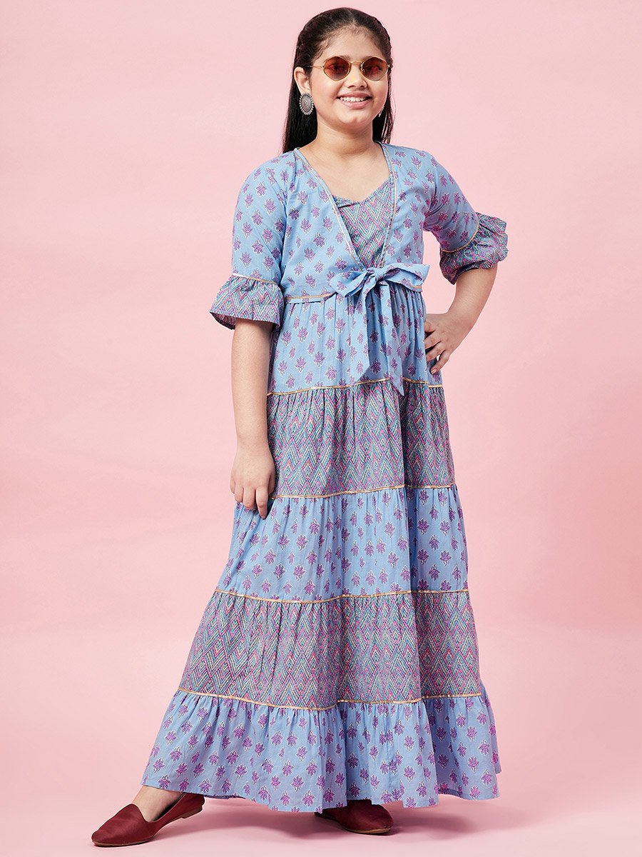 All Over Printed Tiered Dress with Tie-Up Detail