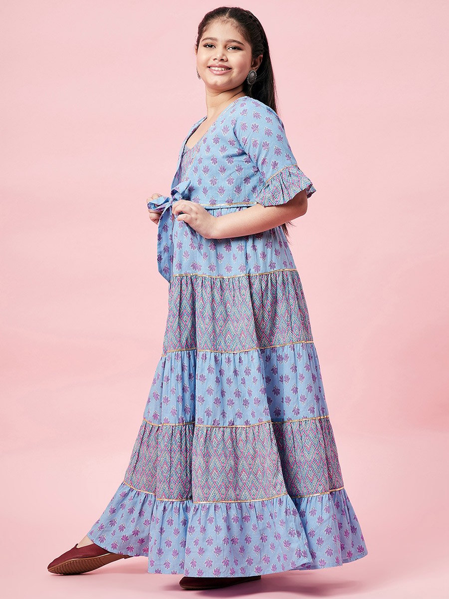 All Over Printed Tiered Dress with Tie-Up Detail