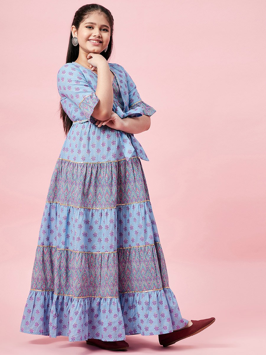 All Over Printed Tiered Dress with Tie-Up Detail