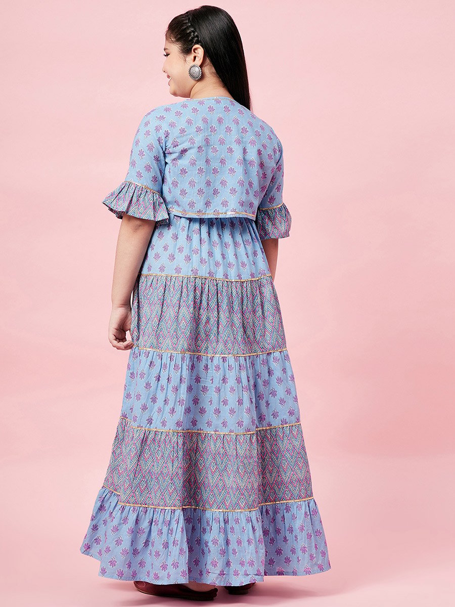 All Over Printed Tiered Dress with Tie-Up Detail