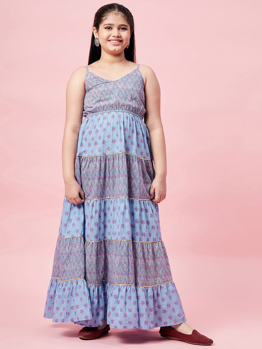 All Over Printed Tiered Dress with Tie-Up Detail