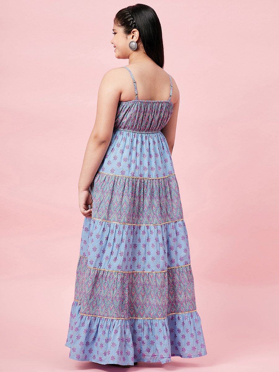 All Over Printed Tiered Dress with Tie-Up Detail