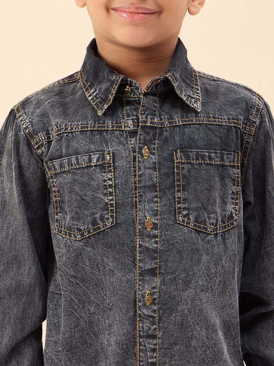 Washed Finish Long Sleeve Shirt with Pocket Detail