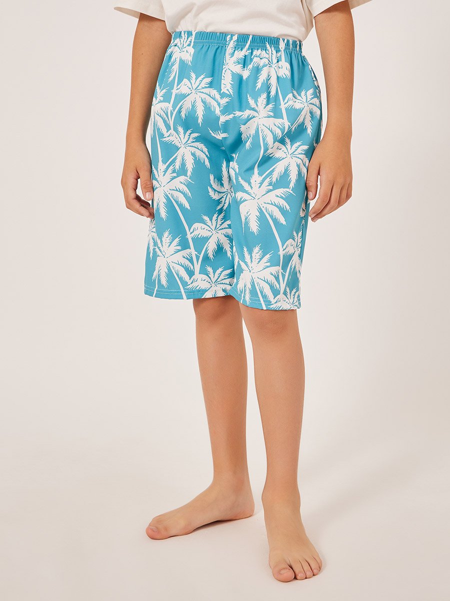 Tropical Print Elastic Waistband Swim Shorts