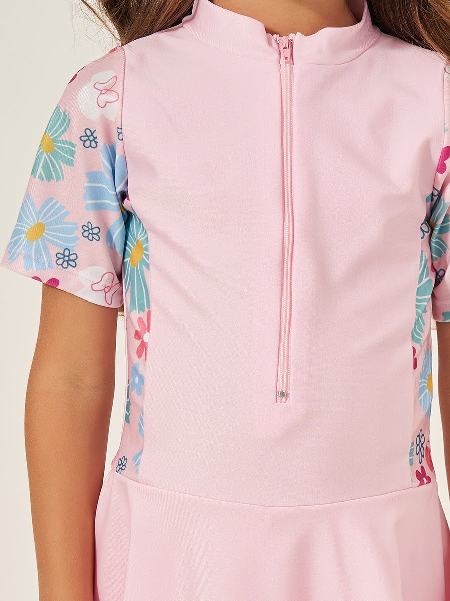 Kids Floral Short Sleeves Swimsuit