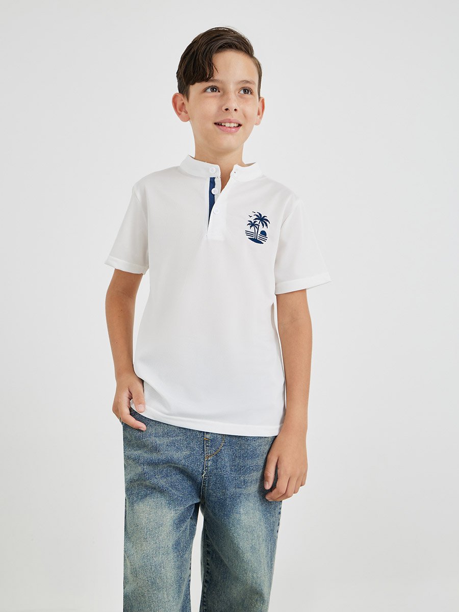 Embroidered Mandarin Collar Buttoned T-Shirt