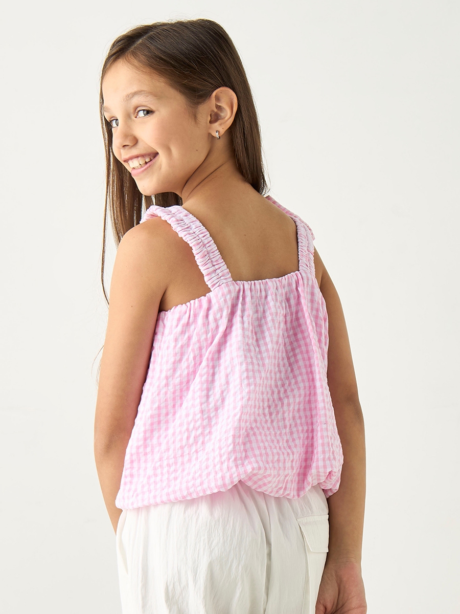 Checked Sleeveless Top with Bow Detail