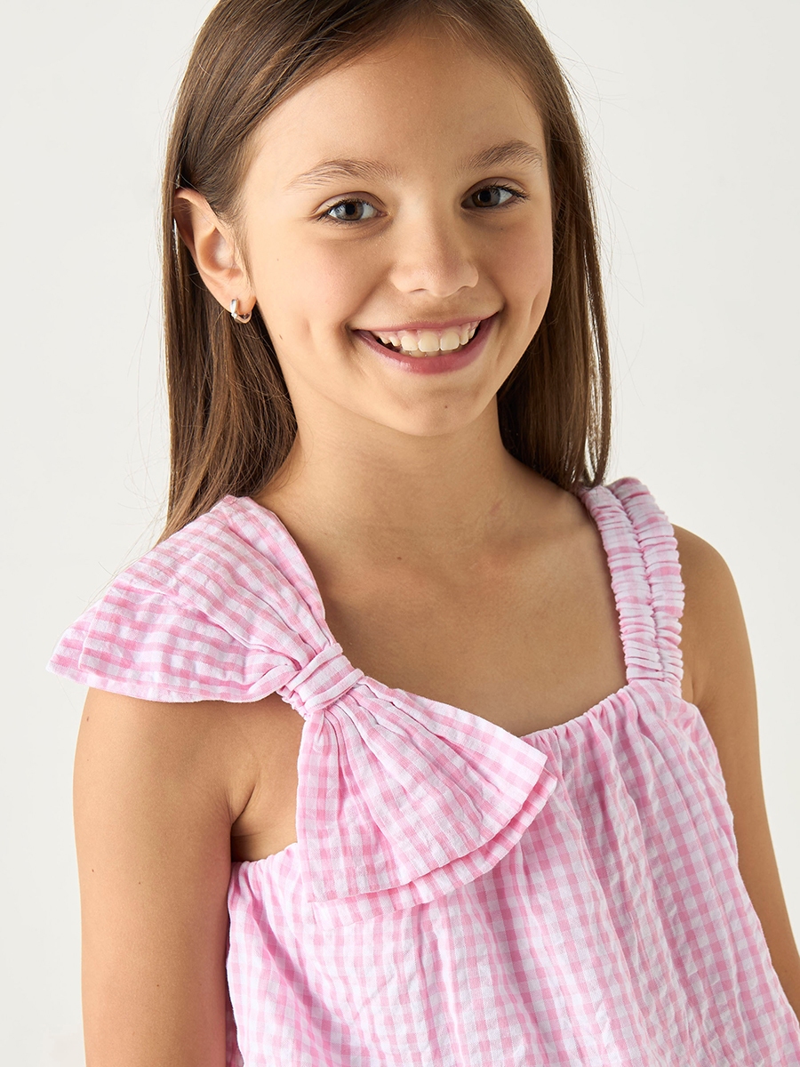 Checked Sleeveless Top with Bow Detail