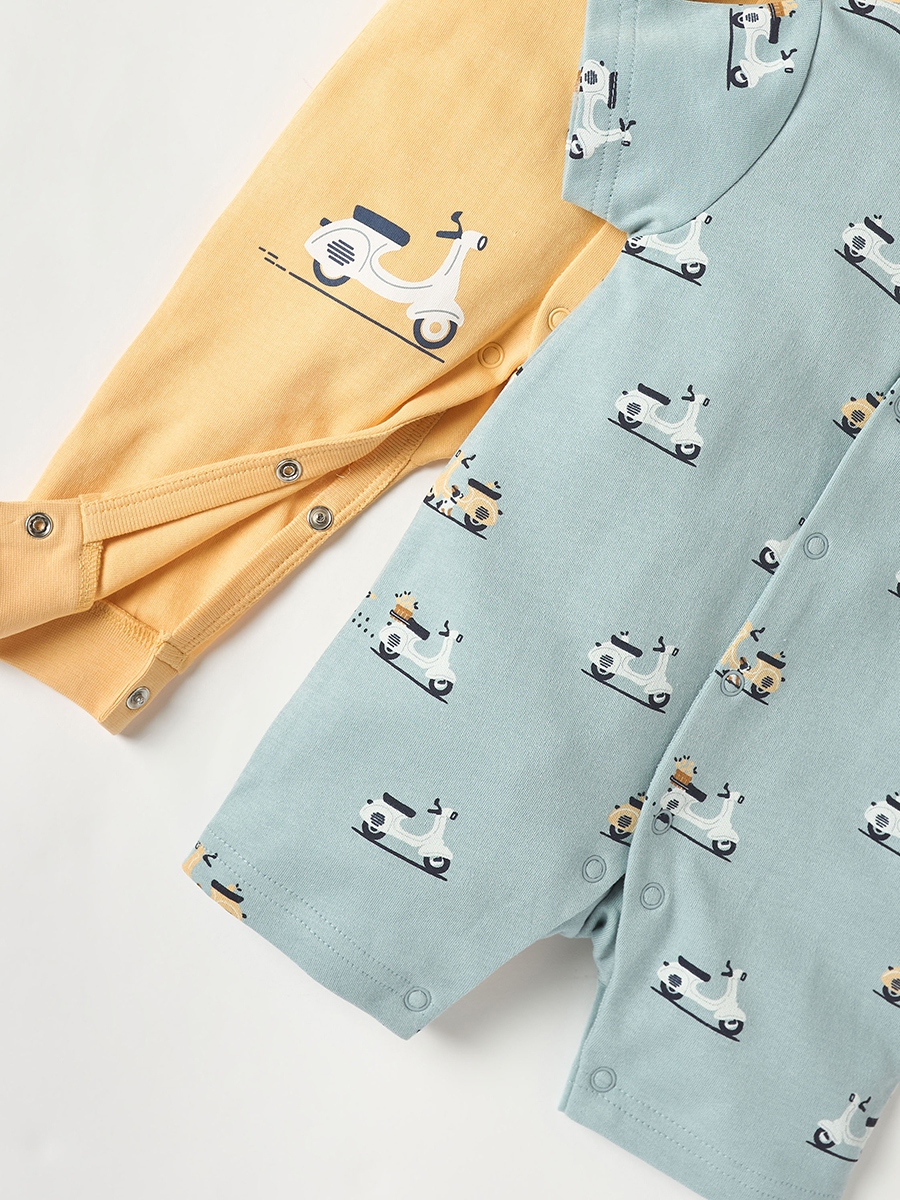 Scooter Print Sleepsuit and Romper with Button Closure