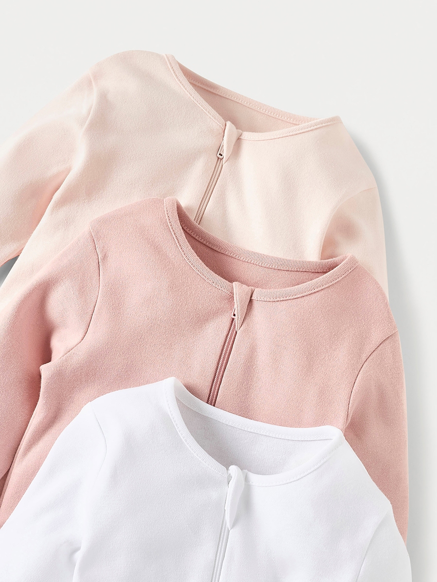 Pack of 3 - Solid Sleepsuit with Long Sleeves and Zip Closure