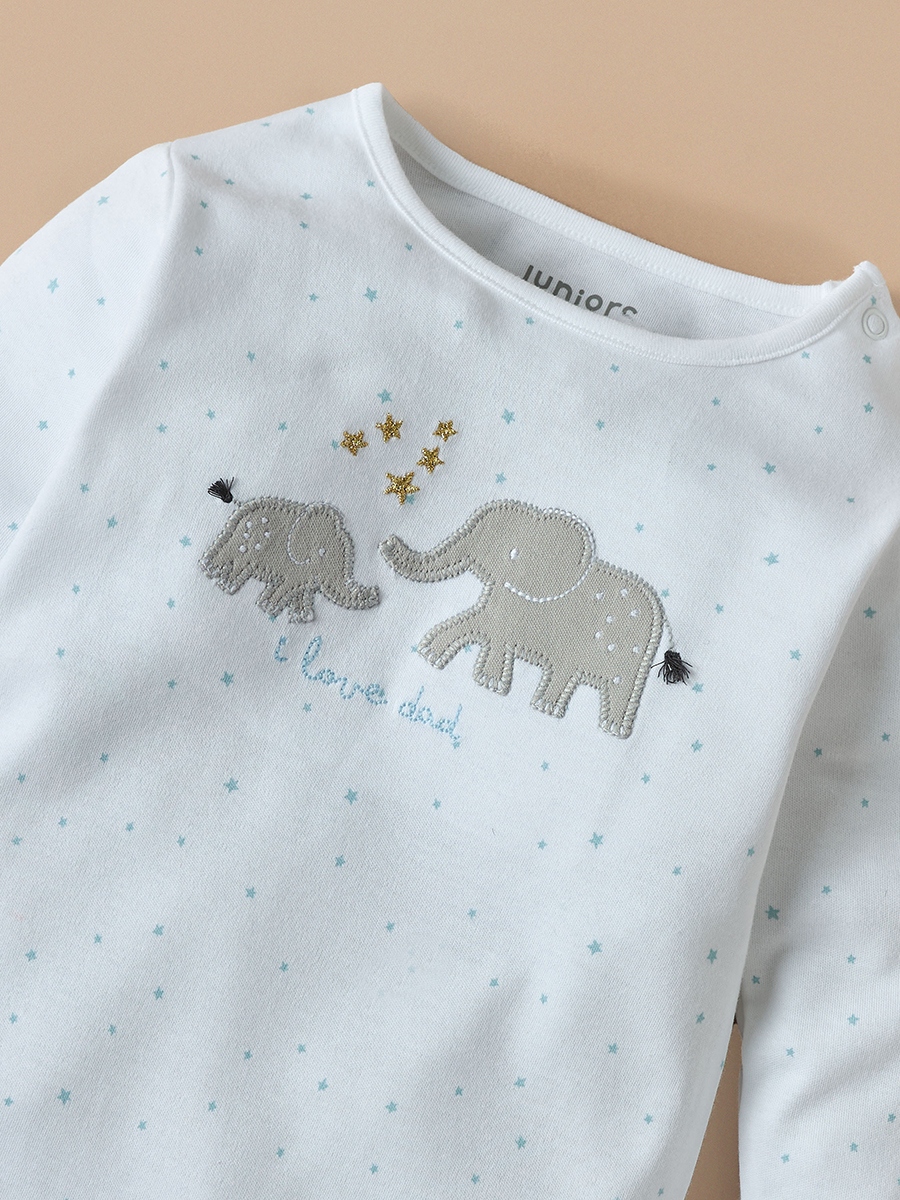 Elephant Applique Detail Closed Feet Sleepsuit with Long Sleeves