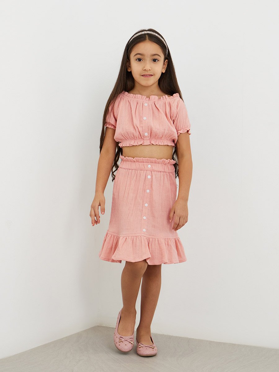 Buttoned Puff Sleeve Crop Top and Skirts Set
