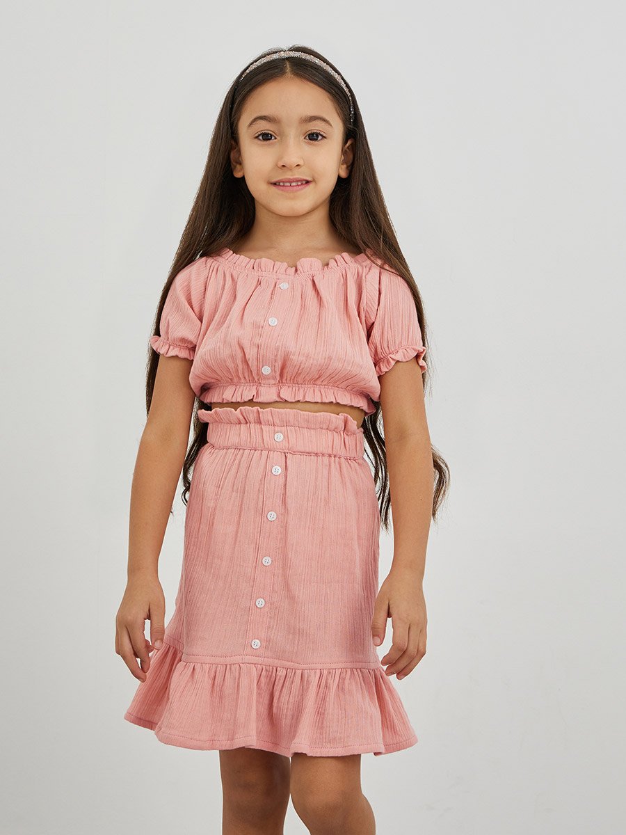 Buttoned Puff Sleeve Crop Top and Skirts Set