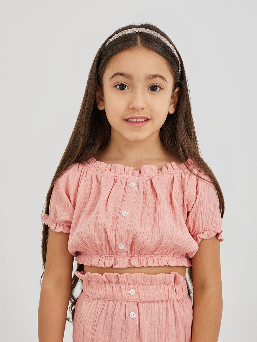 Buttoned Puff Sleeve Crop Top and Skirts Set