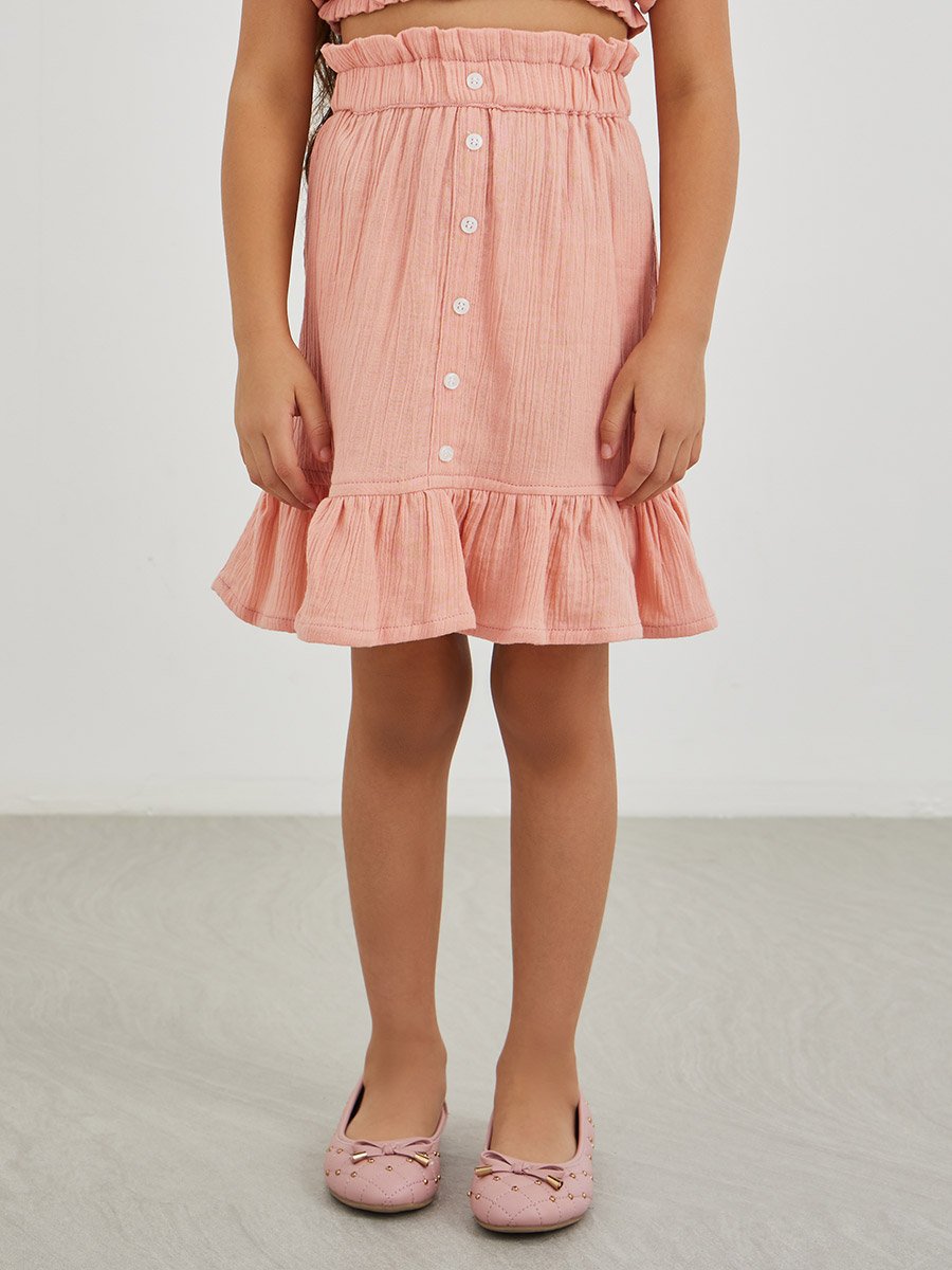 Buttoned Puff Sleeve Crop Top and Skirts Set