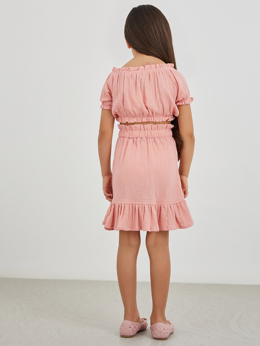 Buttoned Puff Sleeve Crop Top and Skirts Set