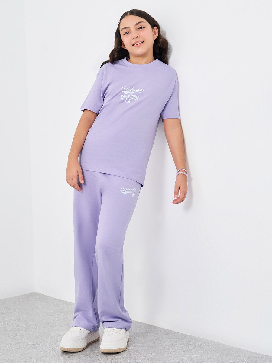 Girls Text Print Oversized T-Shirt and Wide Leg Joggers Set