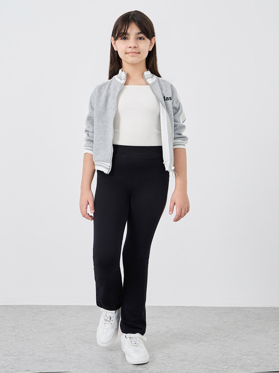 Girls Black Solid Elasticated Waistband Flared Leggings