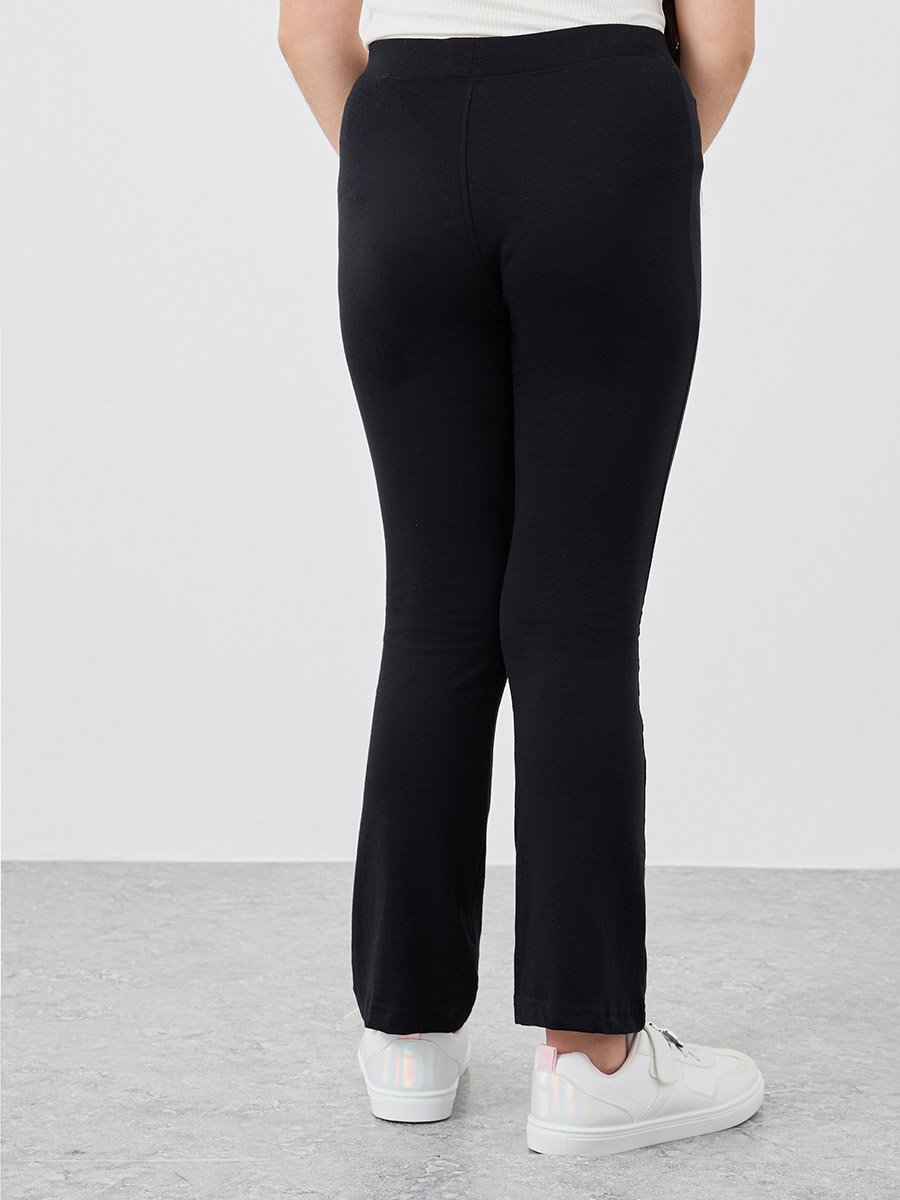 Girls Black Solid Elasticated Waistband Flared Leggings