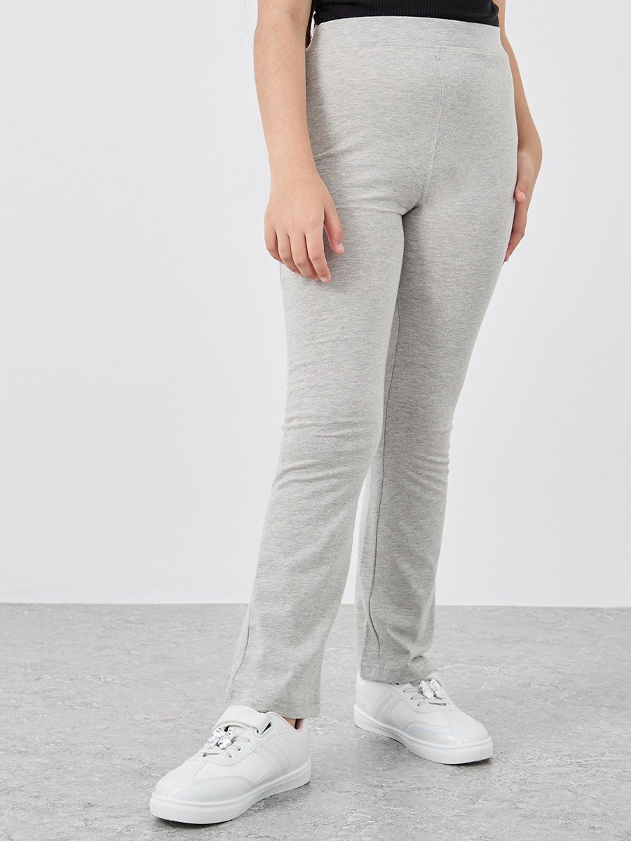 Girls Grey Solid Elasticated Waistband Flared Leggings