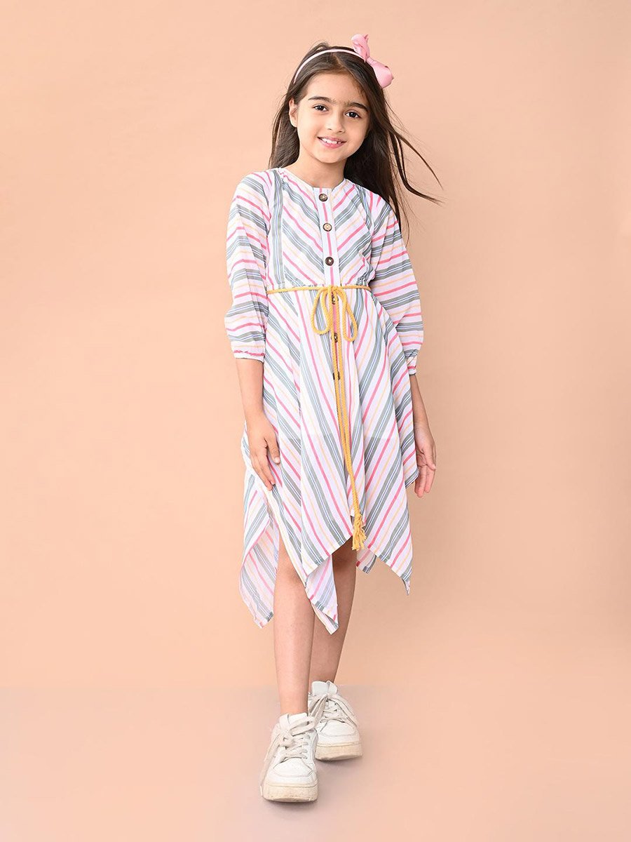 Striped Asymmetric Hem Dress with 3/4th Sleeve