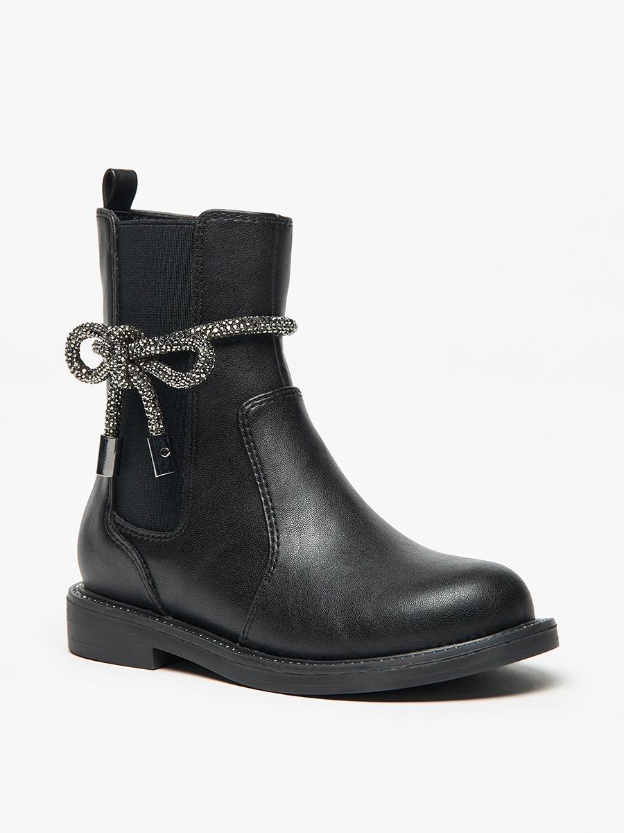 Solid Embellished Bow Detail Boots with Gusset and Zip Closure