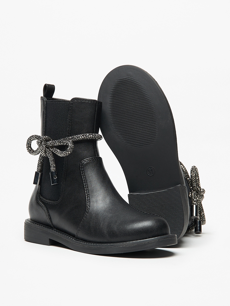 Solid Embellished Bow Detail Boots with Gusset and Zip Closure