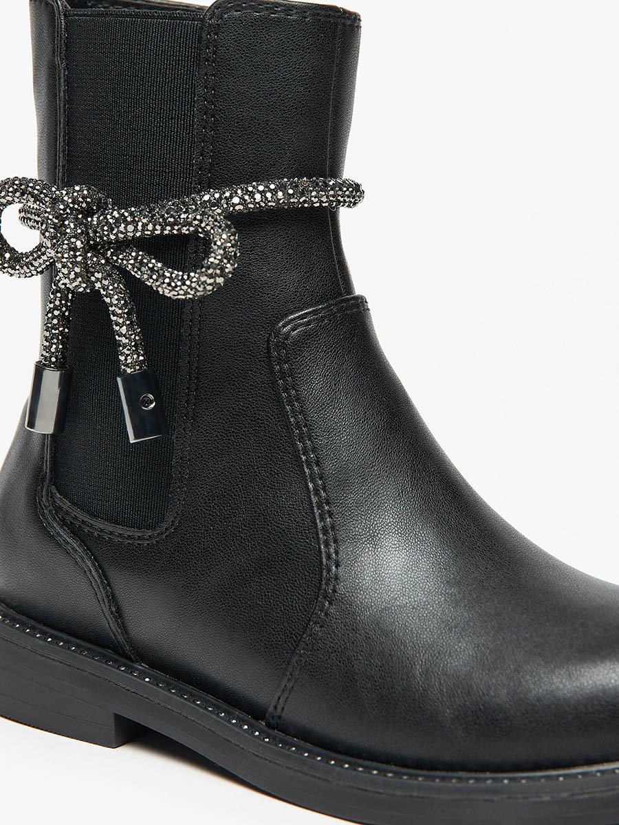 Solid Embellished Bow Detail Boots with Gusset and Zip Closure