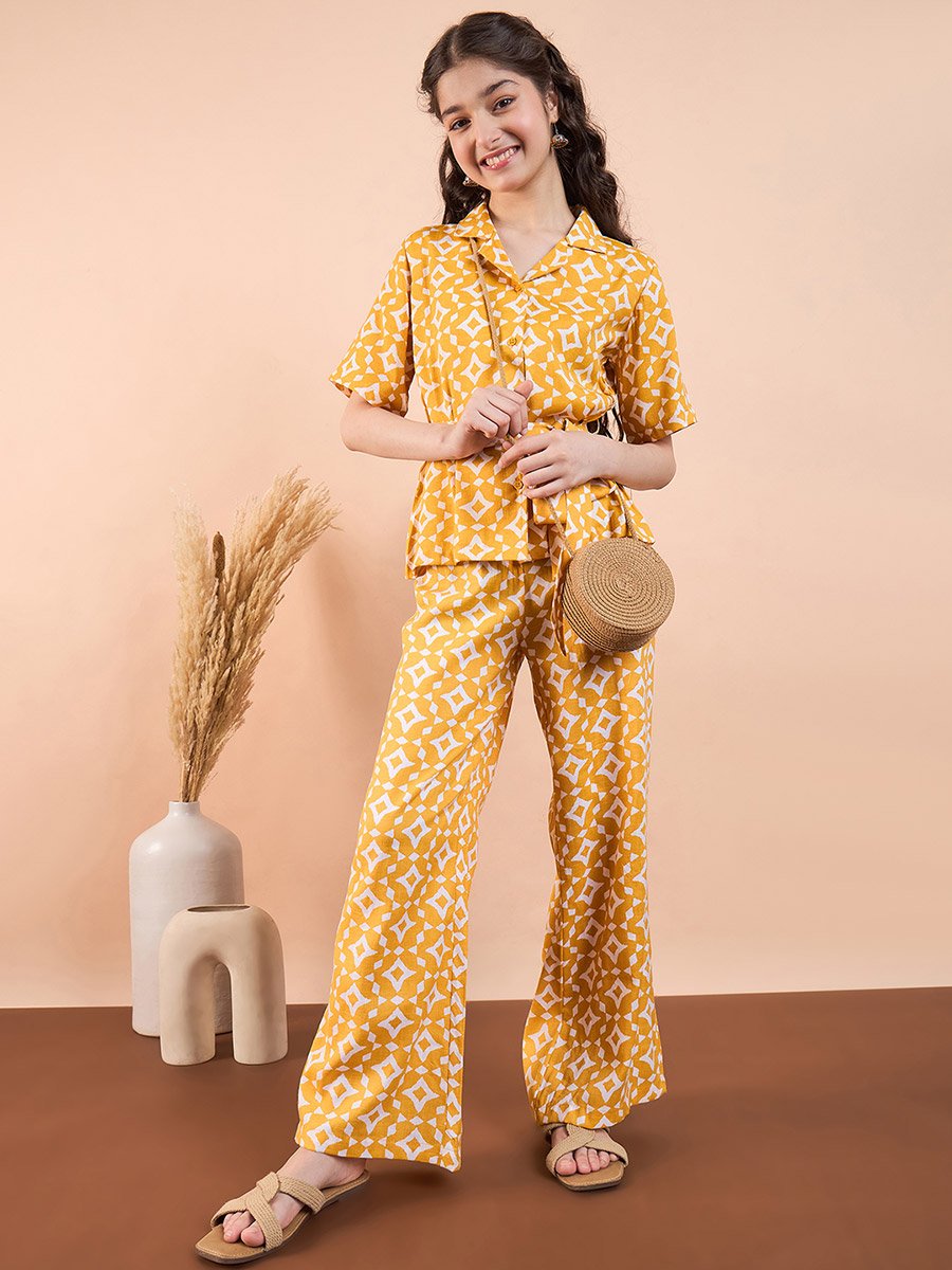 Yellow Printed Collared Top and Trouser Set for Girls
