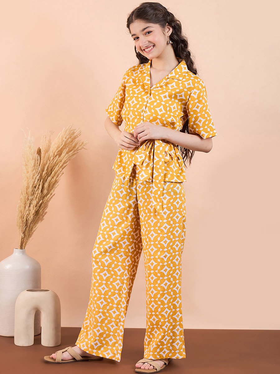 Yellow Printed Collared Top and Trouser Set for Girls