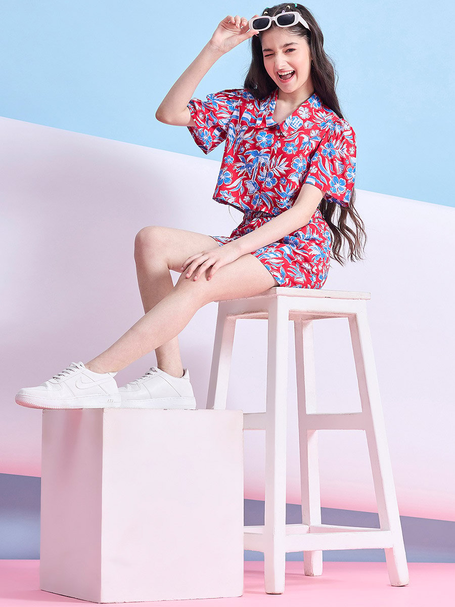 All-Over Print Cropped Shirt and Shorts Set