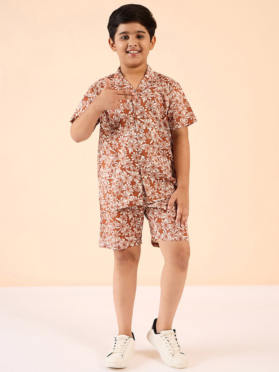 Brown Rayon Printed Shirt and Shorts Set for Boys