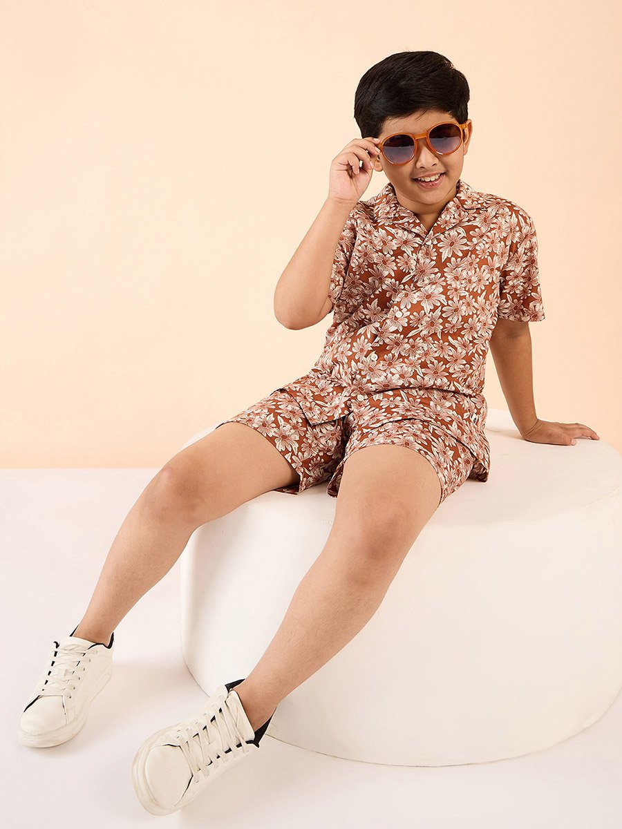 Brown Rayon Printed Shirt and Shorts Set for Boys