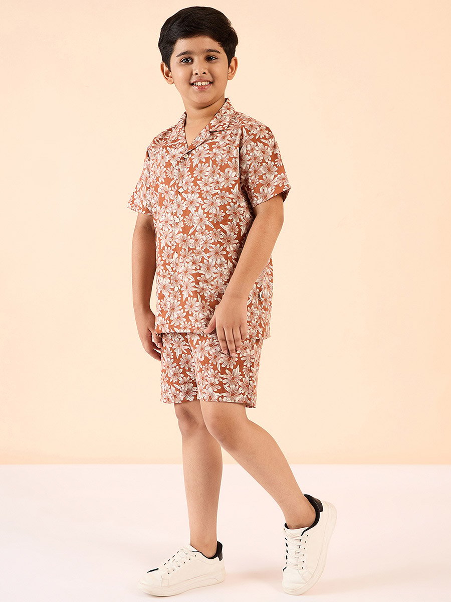 Brown Rayon Printed Shirt and Shorts Set for Boys