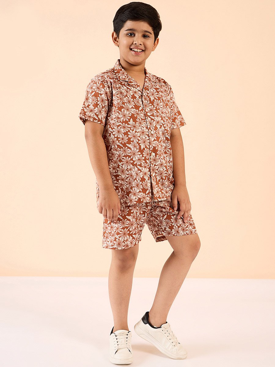 Brown Rayon Printed Shirt and Shorts Set for Boys
