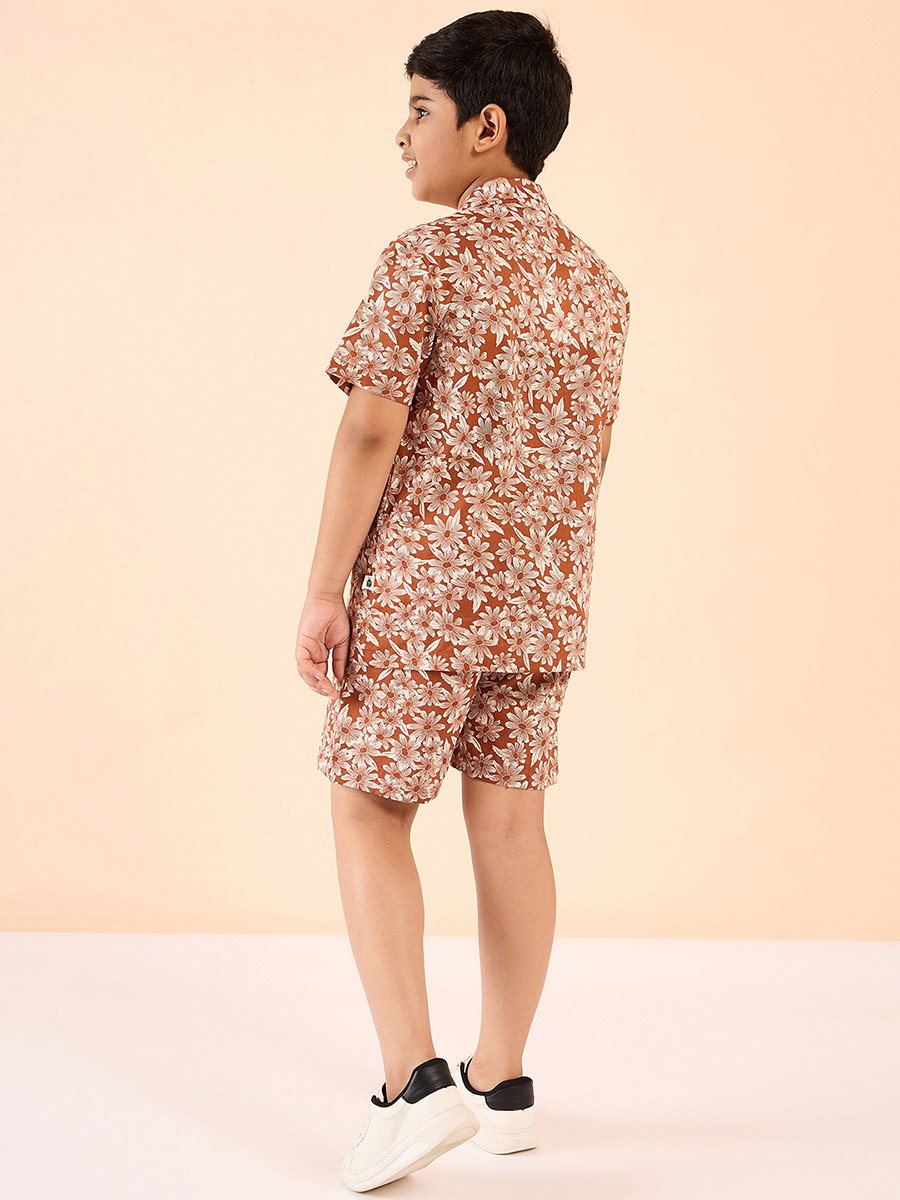 Brown Rayon Printed Shirt and Shorts Set for Boys