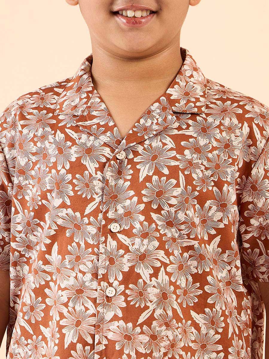 Brown Rayon Printed Shirt and Shorts Set for Boys