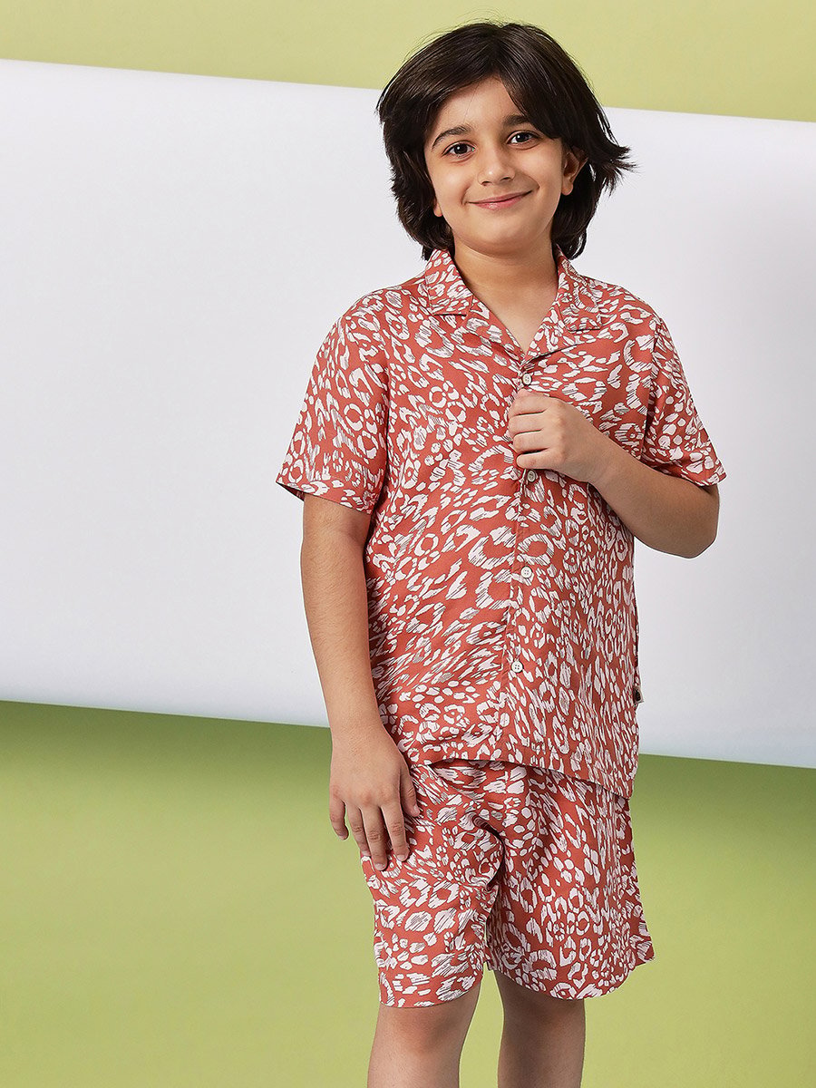 Brown Rayon Printed Shirt and Shorts Set for Boys