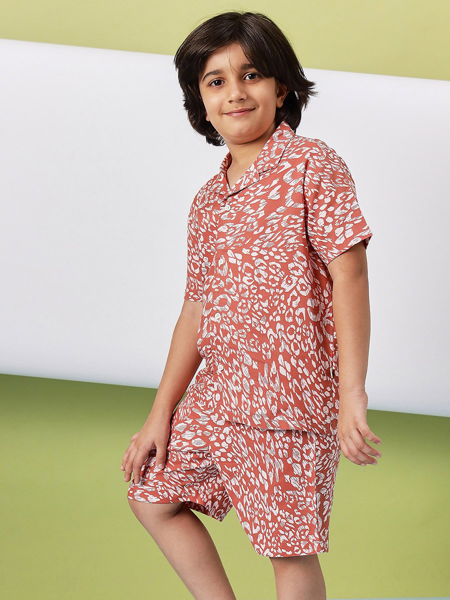 Brown Rayon Printed Shirt and Shorts Set for Boys