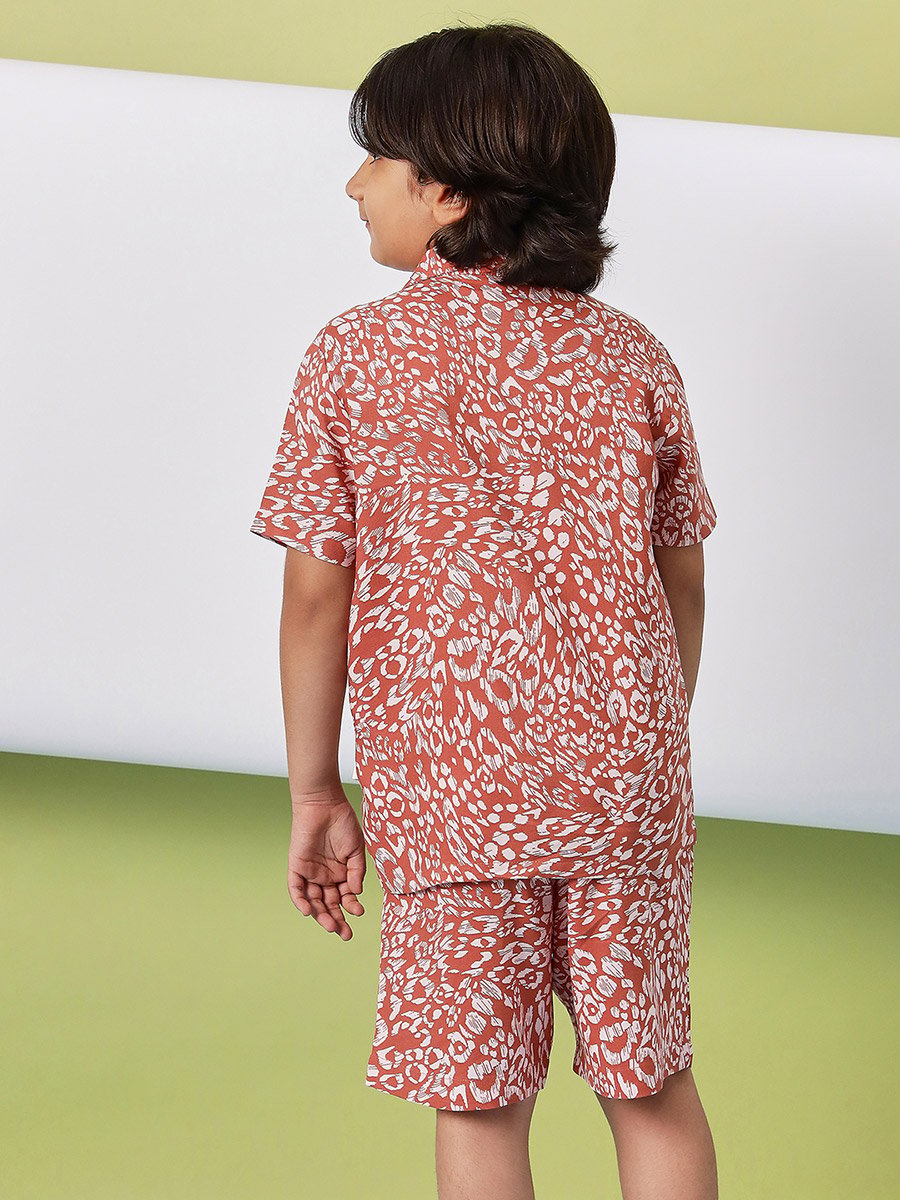 Brown Rayon Printed Shirt and Shorts Set for Boys