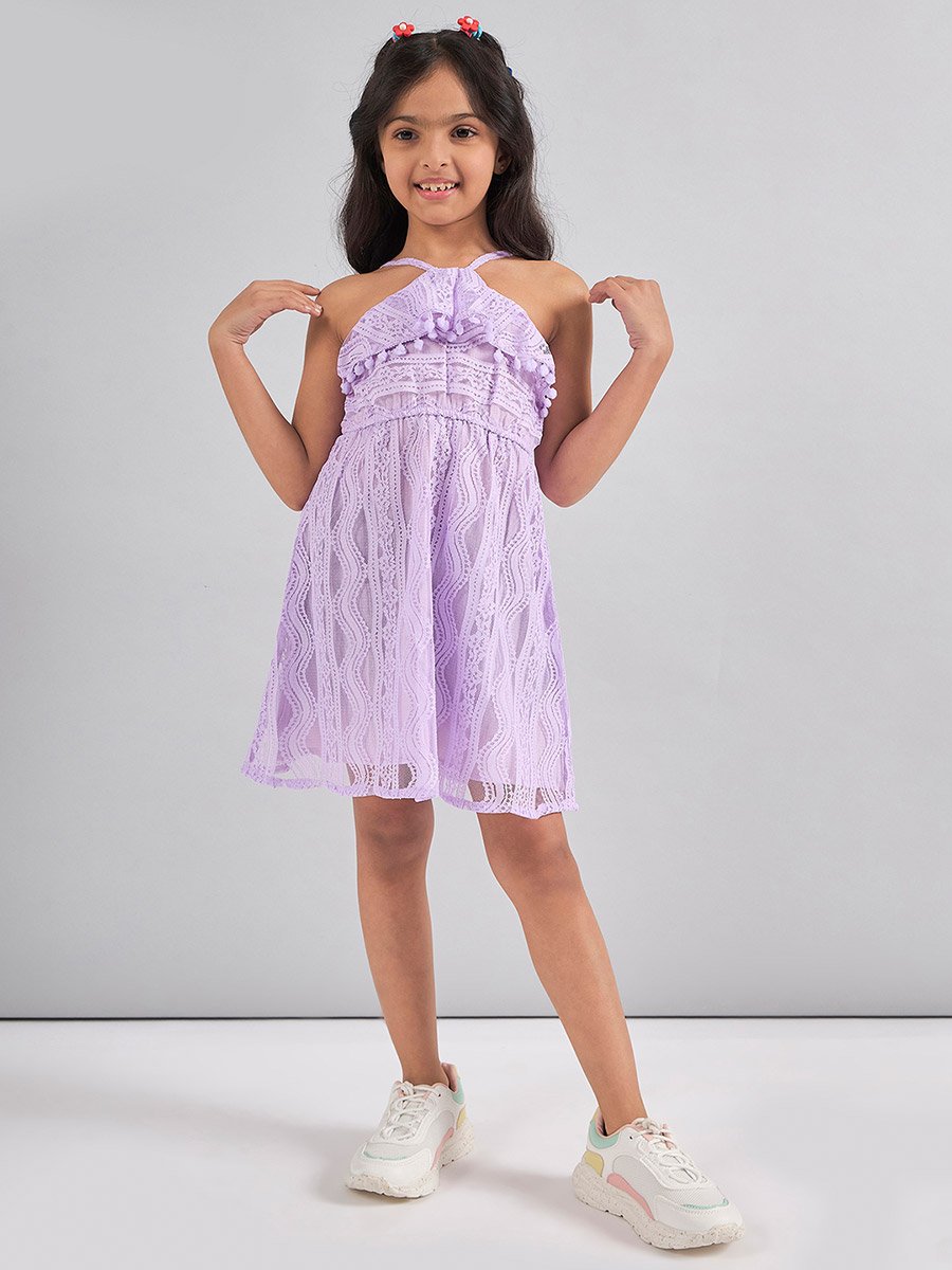 Self Design Halter Neck A-Line Dress with Pompom Detail