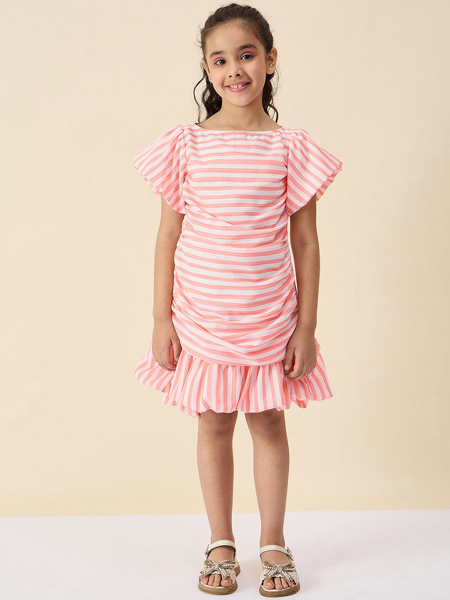 Striped Boat Neck A-Line Dress with Ruched Detail