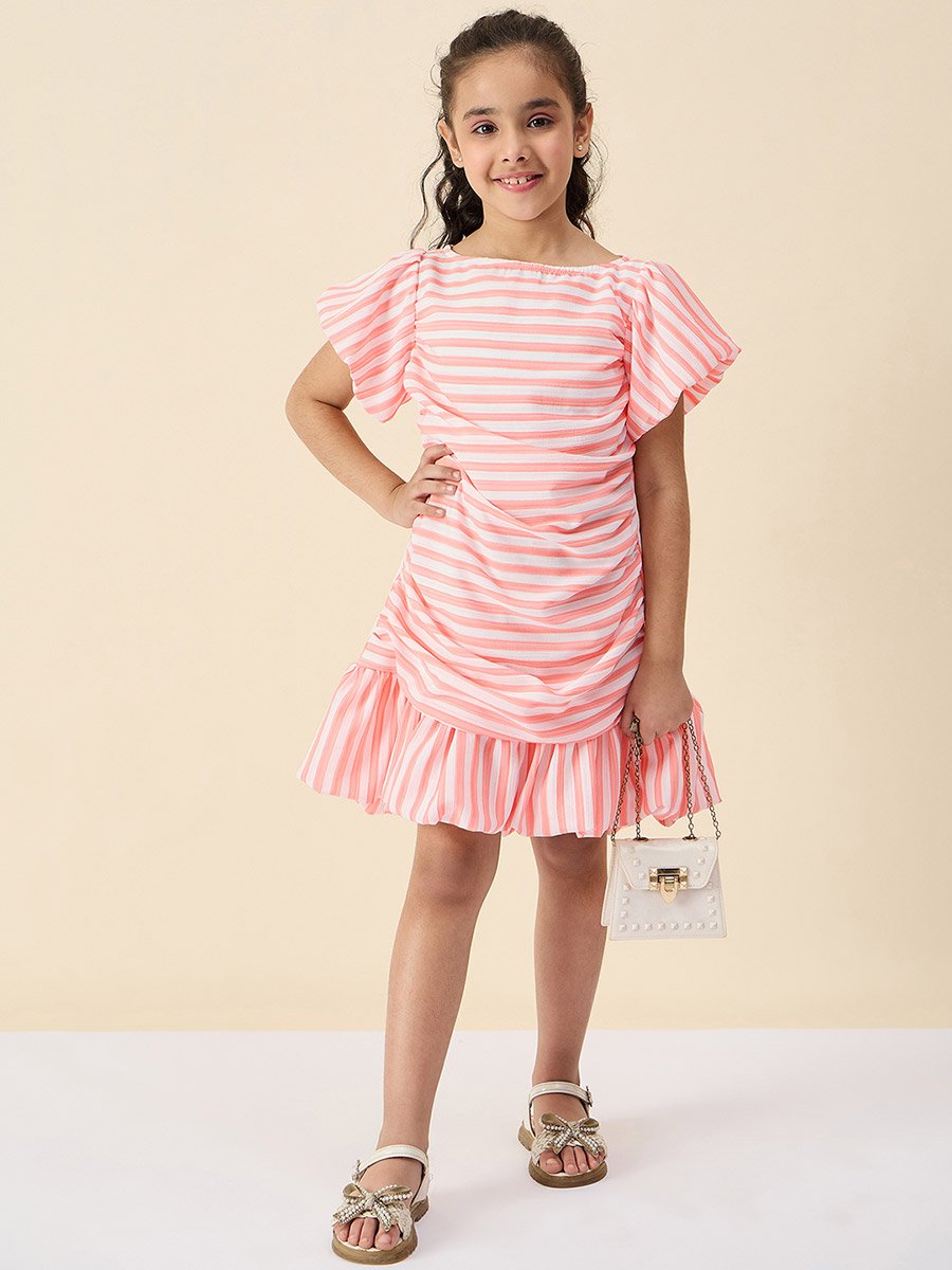 Striped Boat Neck A-Line Dress with Ruched Detail