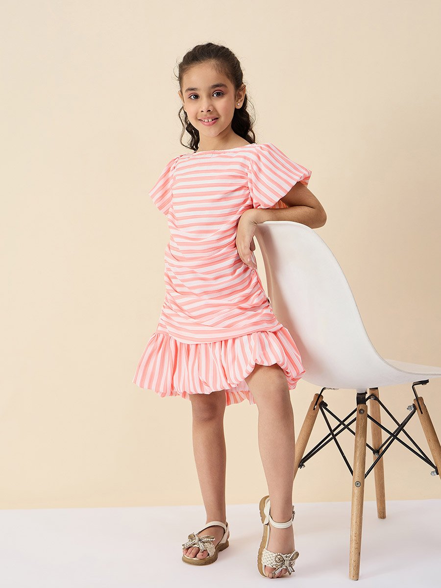 Striped Boat Neck A-Line Dress with Ruched Detail