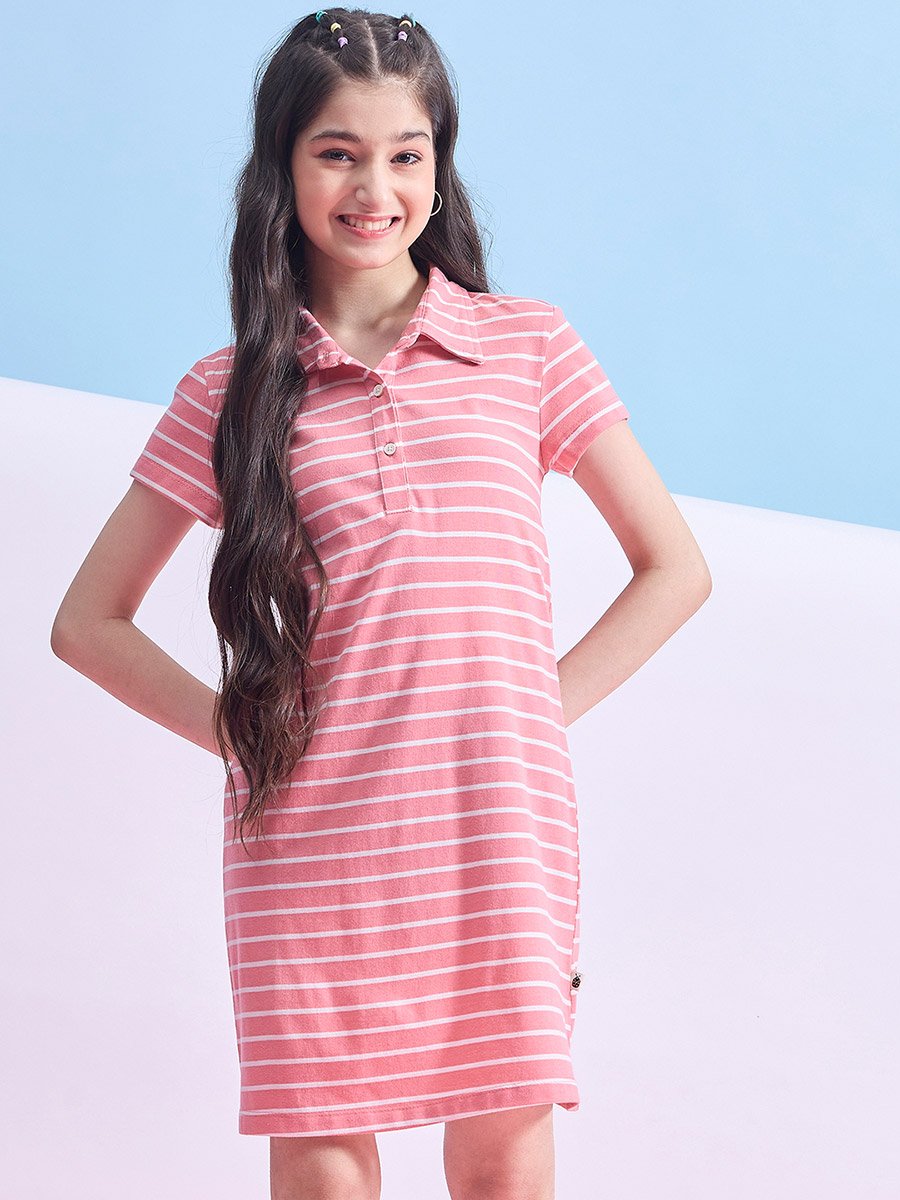 Striped Collared Half-Button Placket A-Line Dress