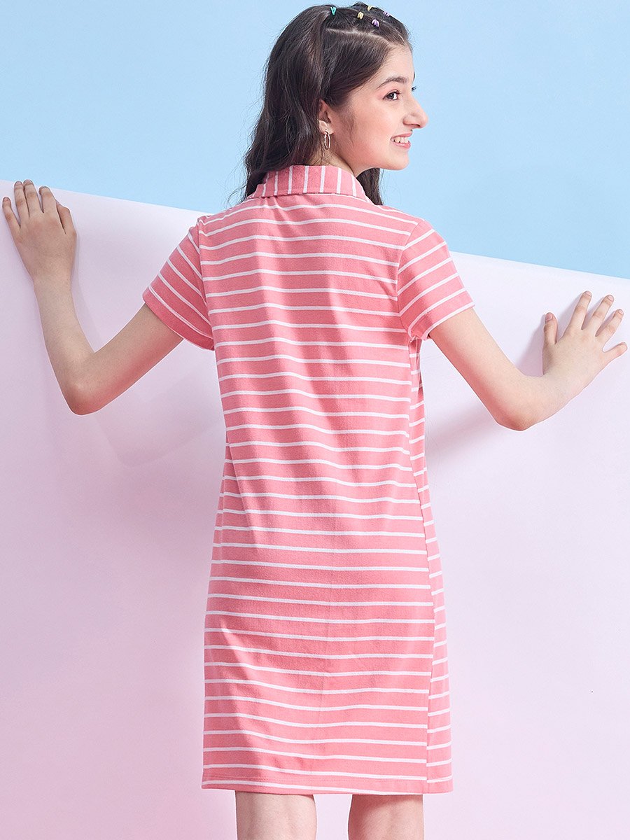 Striped Collared Half-Button Placket A-Line Dress