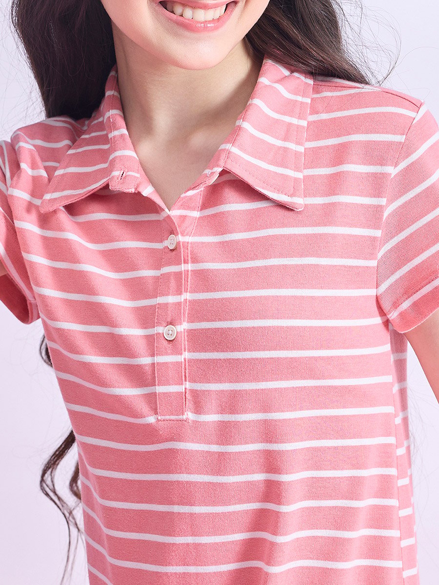 Striped Collared Half-Button Placket A-Line Dress