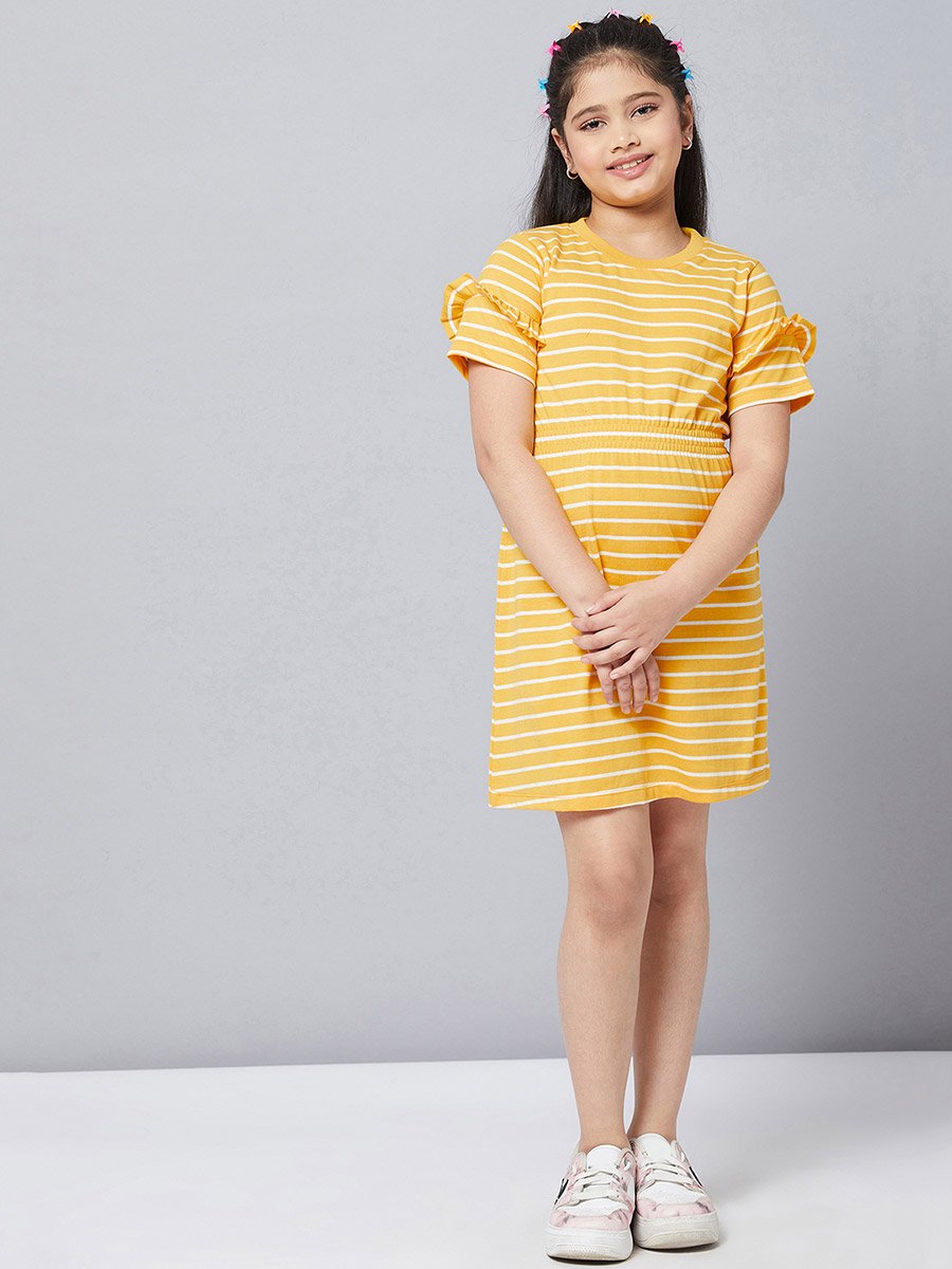 Striped Round Neck A-Line Dress with Ruffled Detail