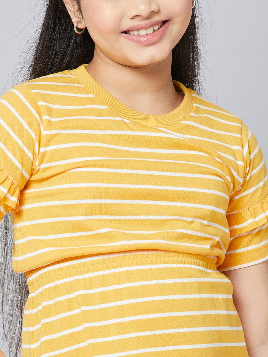 Striped Round Neck A-Line Dress with Ruffled Detail